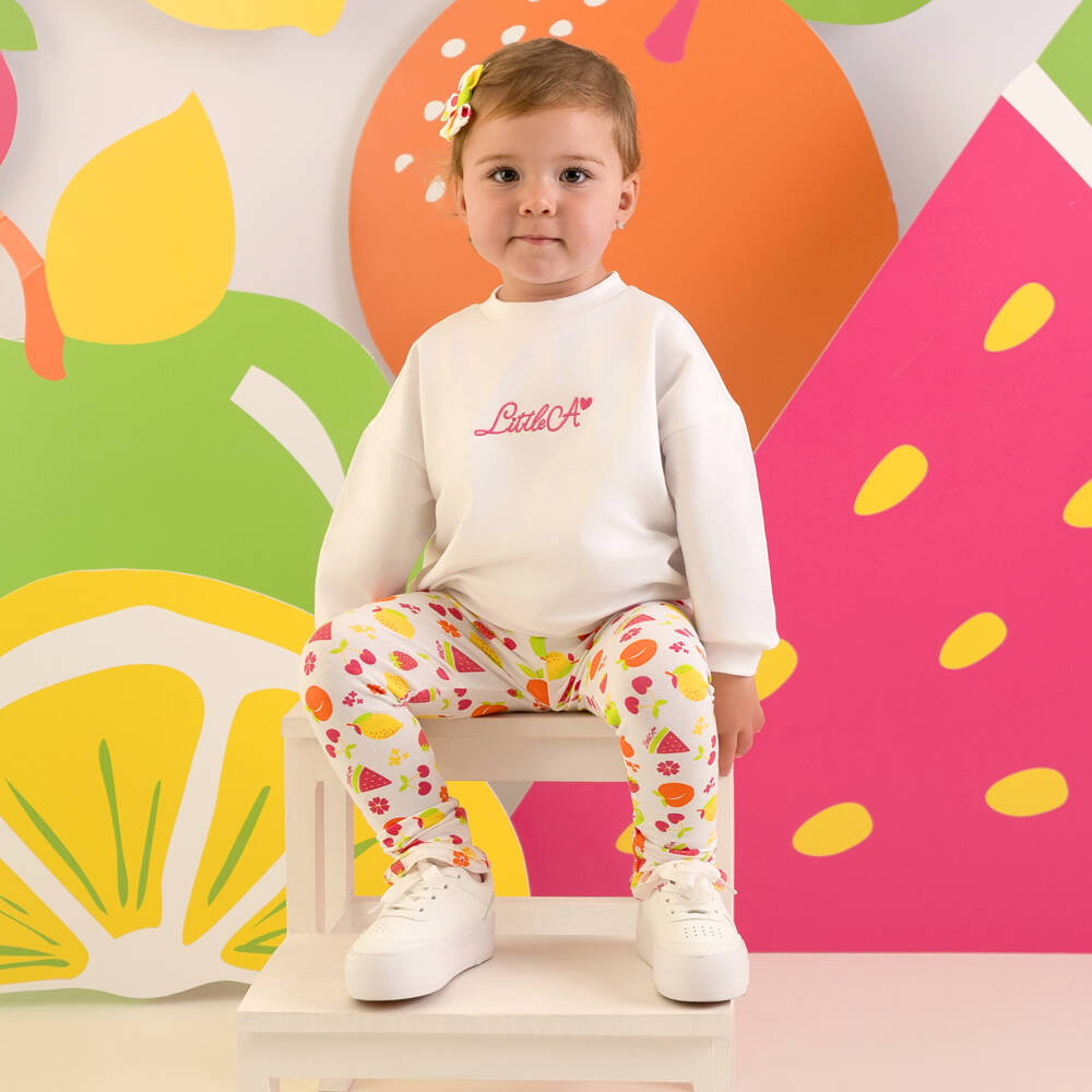 A Dee-Girls White Cotton Logo Leggings Set with Fruit Print | Childrensalon