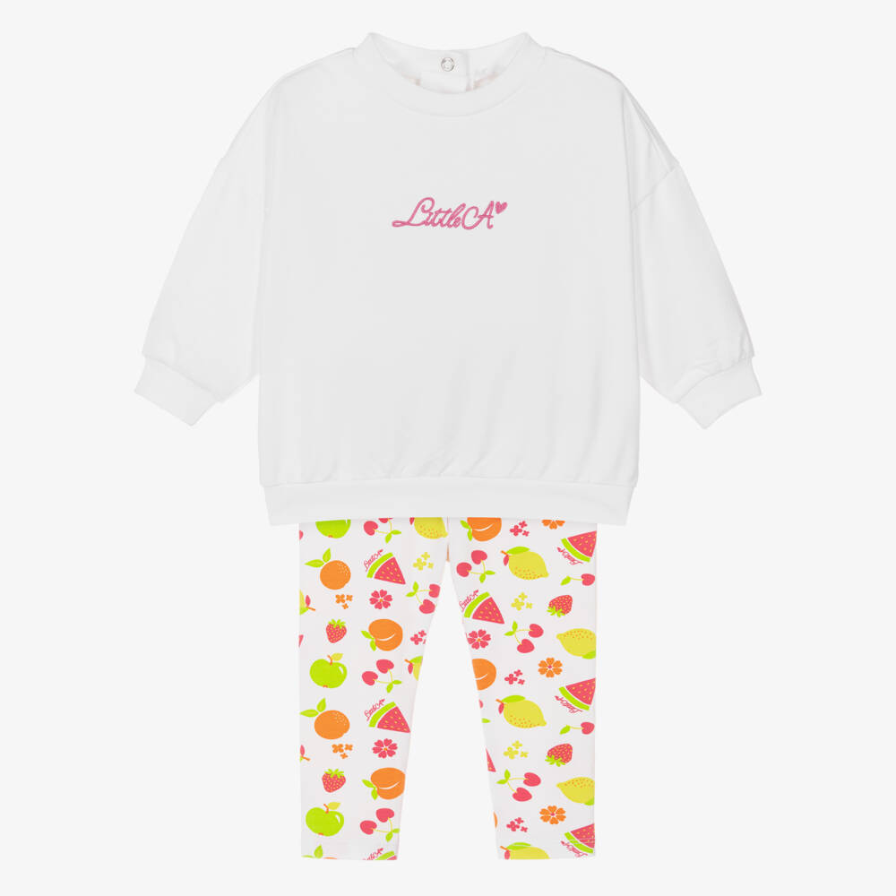 A Dee-Girls White Cotton Logo Leggings Set with Fruit Print | Childrensalon