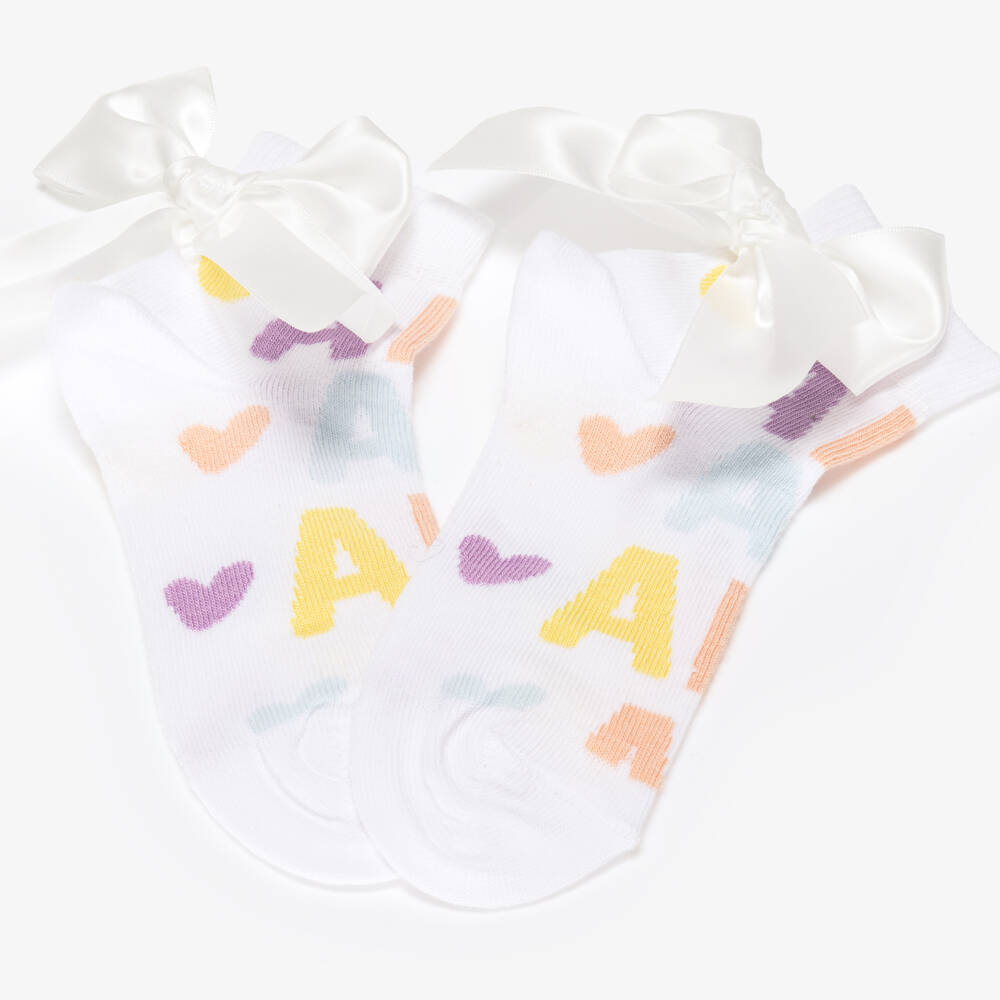 A Dee-Girls White Cotton Logo Socks with Bow | Childrensalon