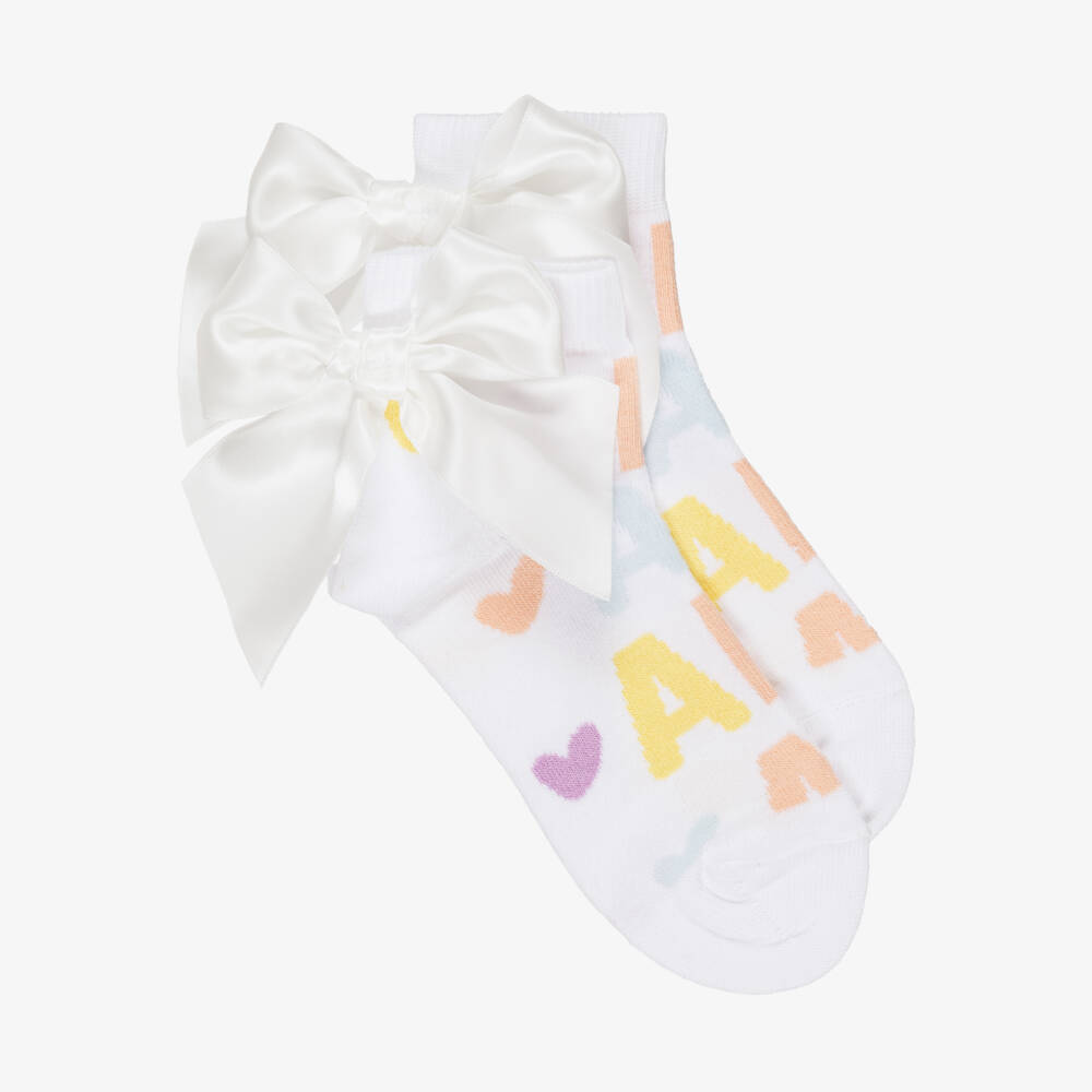A Dee-Girls White Cotton Logo Socks with Bow | Childrensalon