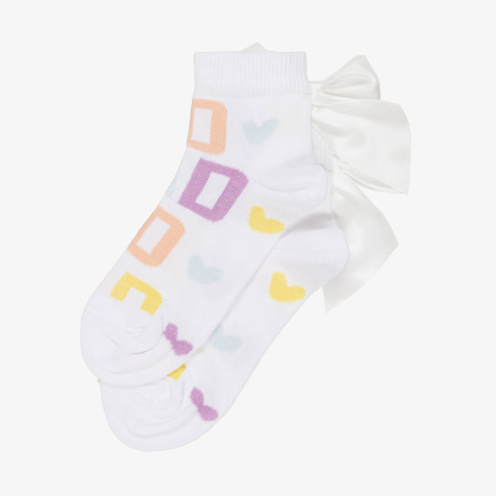 A Dee-Girls White Cotton Logo Socks with Bow | Childrensalon
