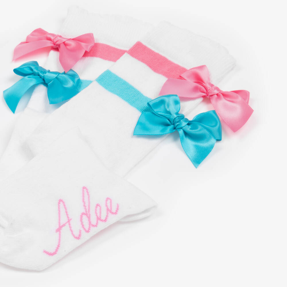 A Dee-Girls White Cotton Socks With Pink & Blue Bows | Childrensalon