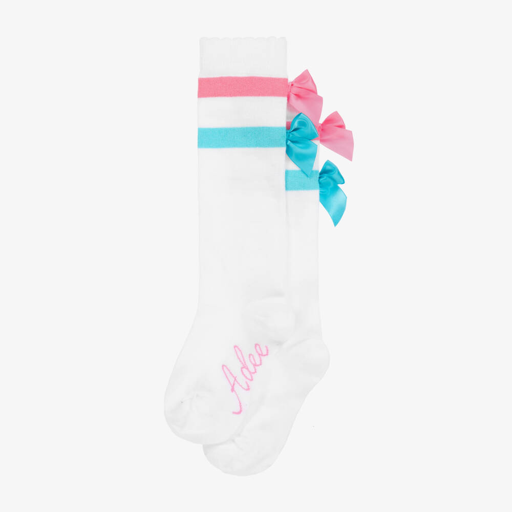 A Dee-Girls White Cotton Socks With Pink & Blue Bows | Childrensalon