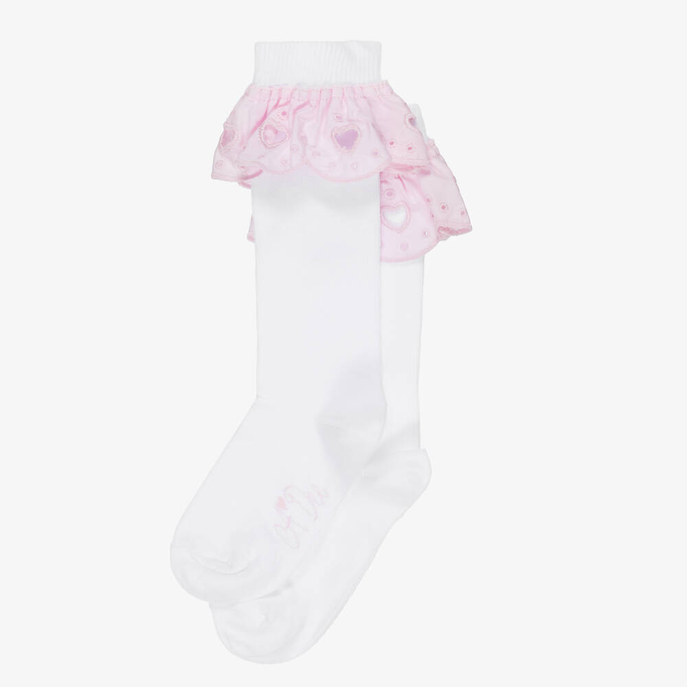 A Dee-Girls White Cotton Socks with Pink Broderie Anglaise Trim | Childrensalon
