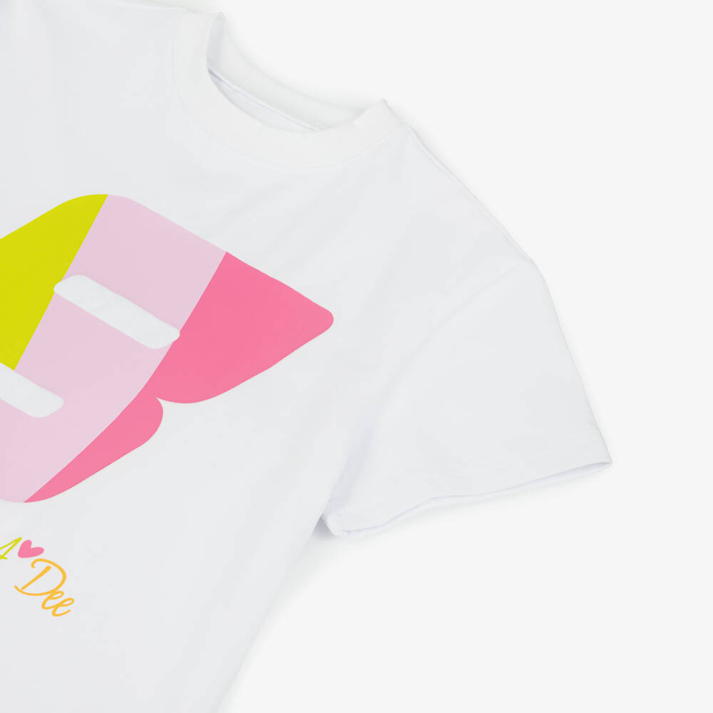 A Dee-Girls White Cotton T-Shirt with Bright B Logo | Childrensalon