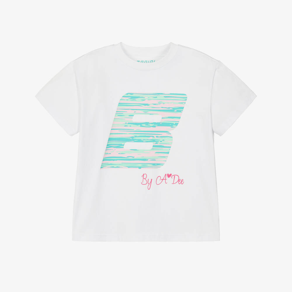 A Dee-Girls White Cotton T-Shirt with Striped B Logo | Childrensalon