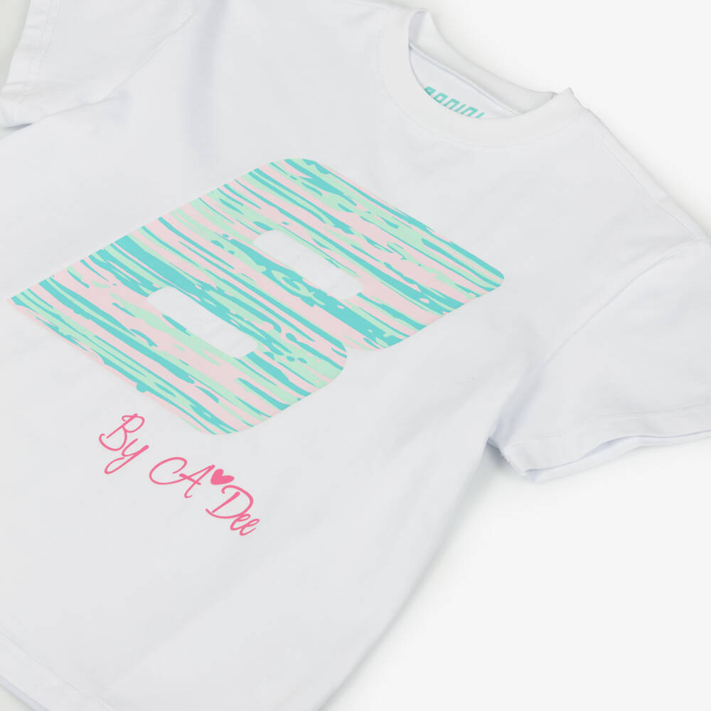 A Dee-Футболка белая из хлопка с полосатым логотипом B для девочек | Childrensalon