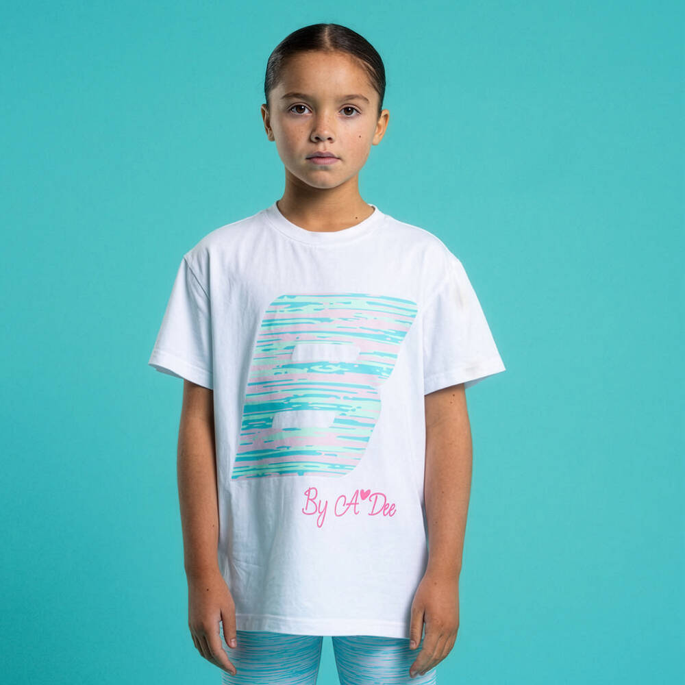 A Dee-Футболка белая из хлопка с полосатым логотипом B для девочек | Childrensalon