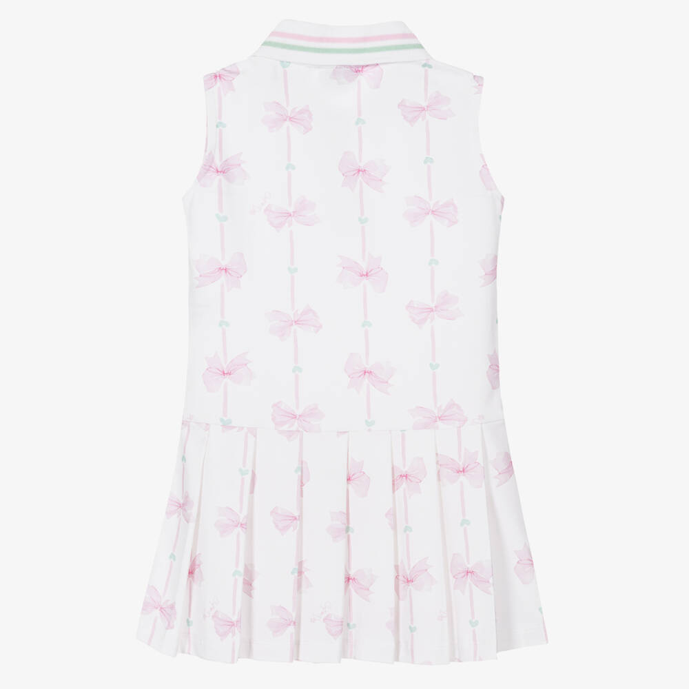 A Dee-Girls White Cotton Tennis Style Dress with Pink Bows | Childrensalon
