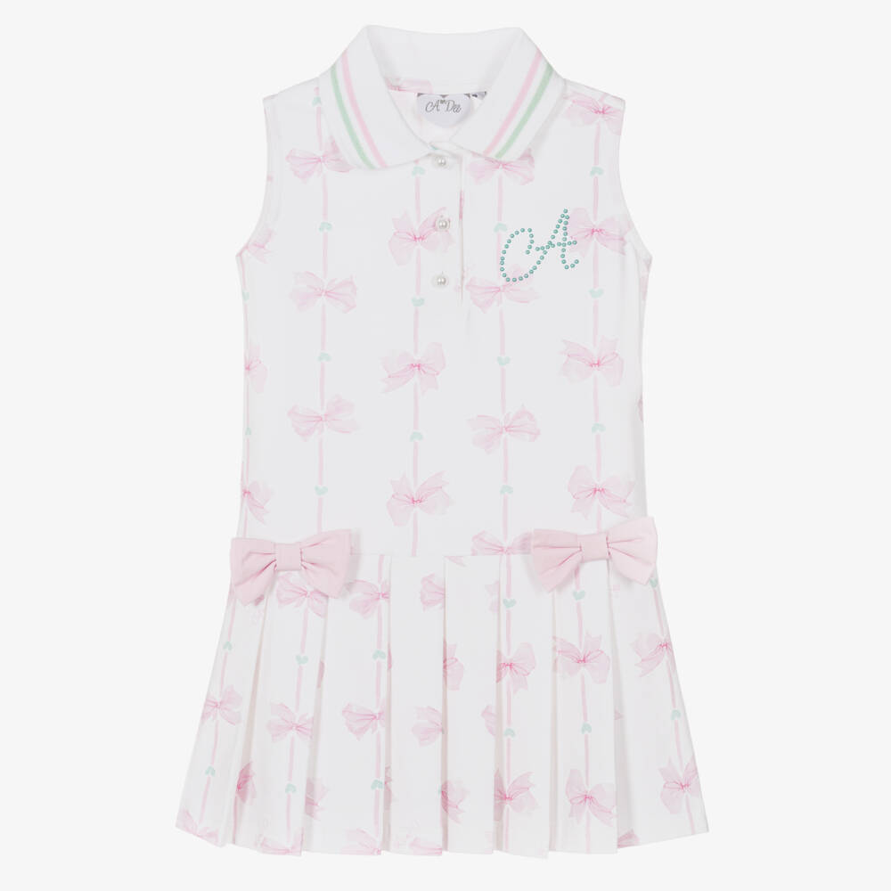 A Dee-Girls White Cotton Tennis Style Dress with Pink Bows | Childrensalon