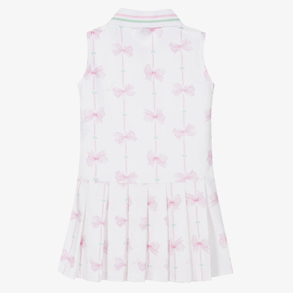 A Dee-Girls White Cotton Tennis Style Dress with Pink Bows | Childrensalon