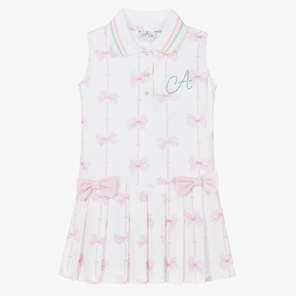 A Dee-فستان قطن بستايل تنس مزين بفيونكات لون أبيض للبنات | Childrensalon