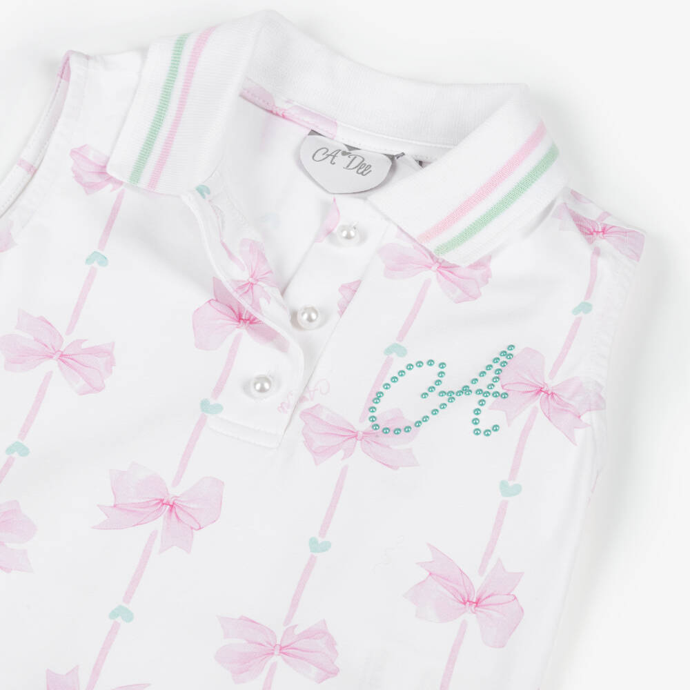 A Dee-Girls White Cotton Tennis Style Dress with Pink Bows | Childrensalon