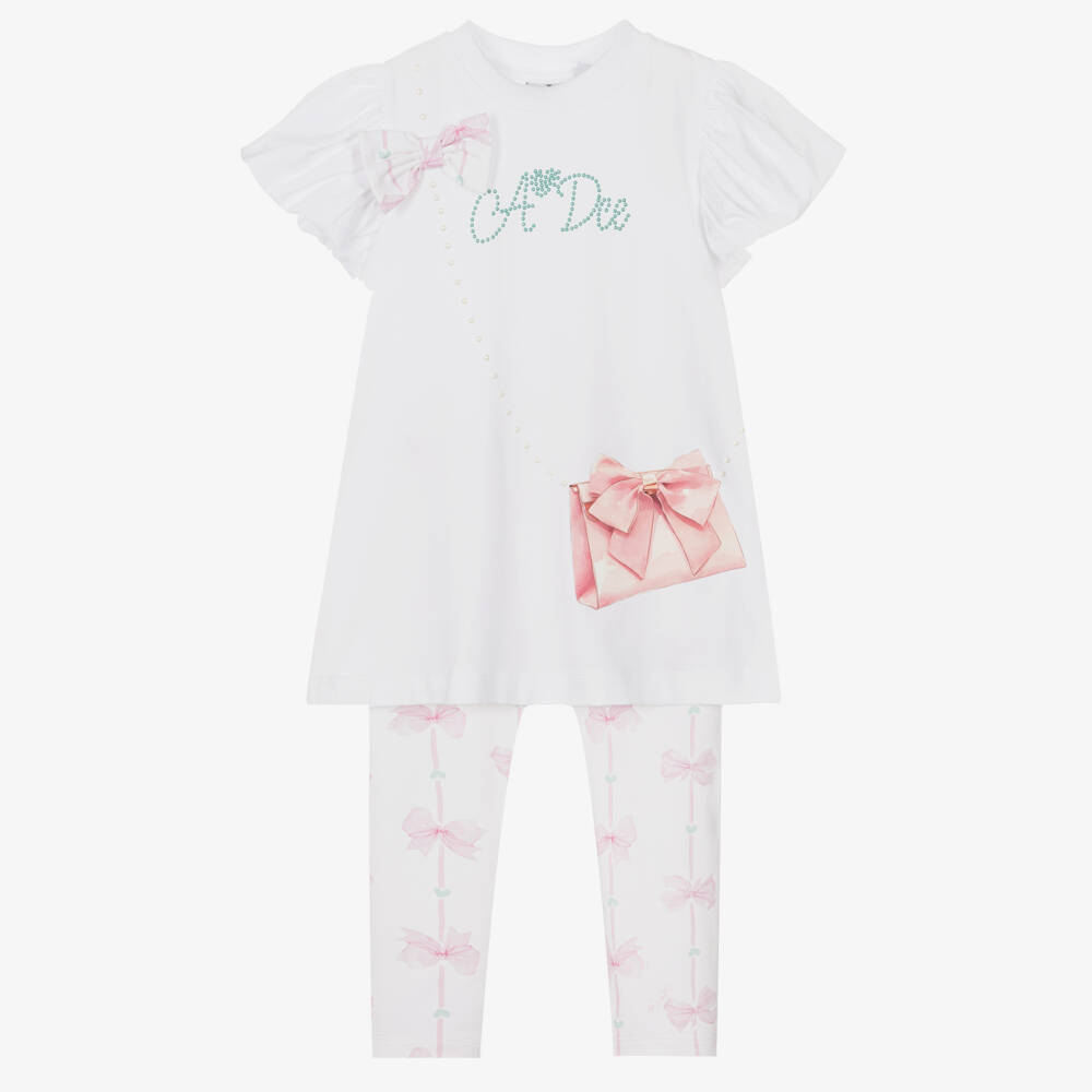 A Dee-Girls White Cotton Tunic & Leggings Set with Bag & Bow Print | Childrensalon