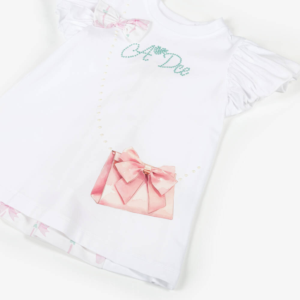 A Dee-Girls White Cotton Tunic & Leggings Set with Bag & Bow Print | Childrensalon