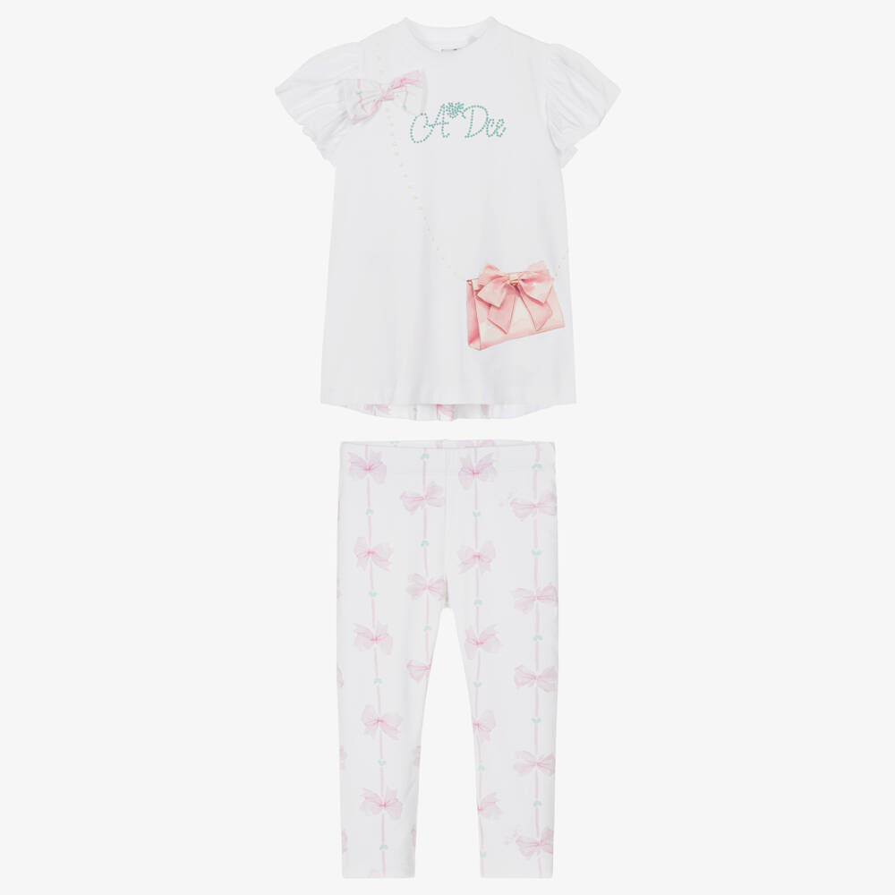 A Dee-Girls White Cotton Tunic & Leggings Set with Bag & Bow Print | Childrensalon