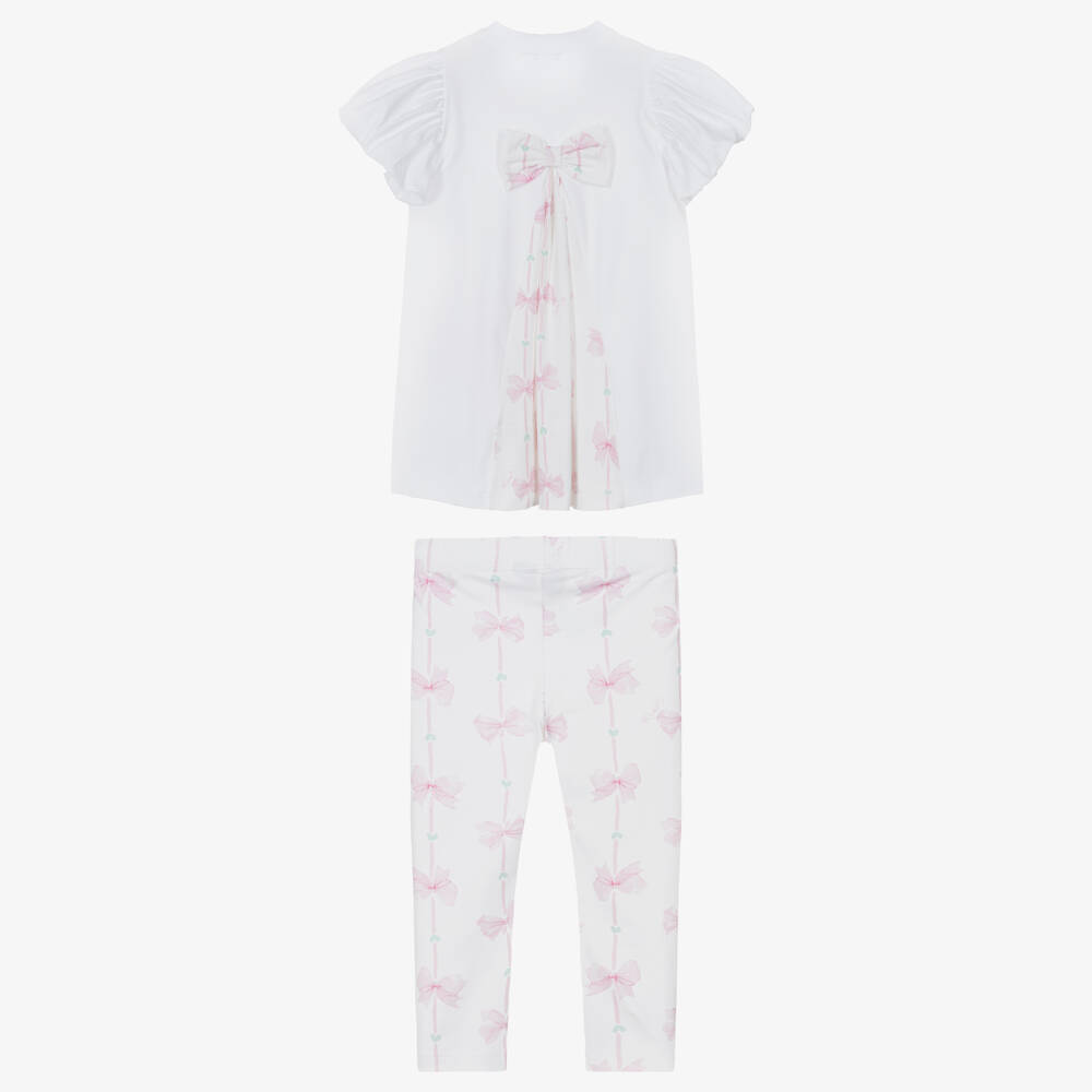 A Dee-Girls White Cotton Tunic & Leggings Set with Bag & Bow Print | Childrensalon