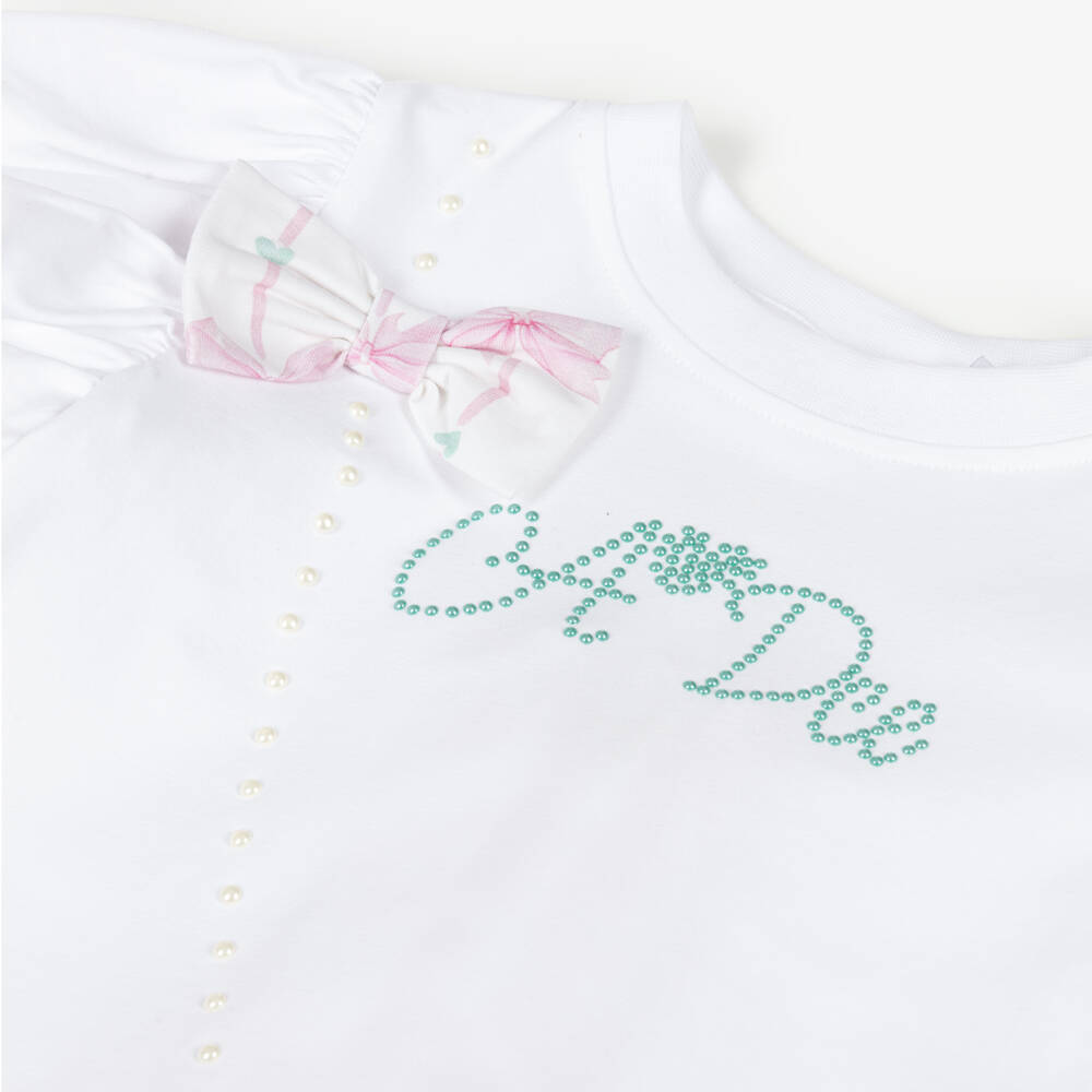 A Dee-Girls White Cotton Tunic & Leggings Set with Bag & Bow Print | Childrensalon