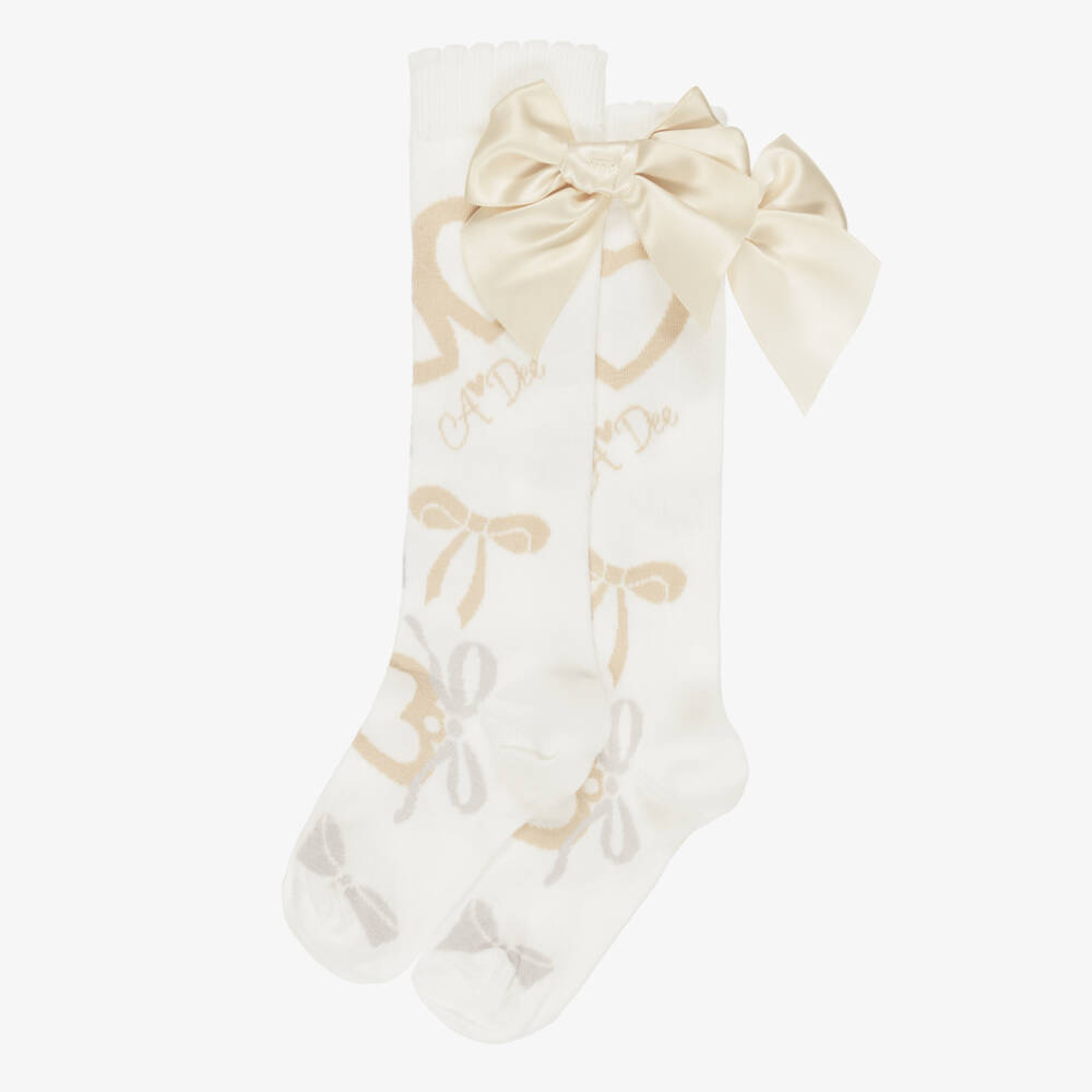 A Dee-Girls White Knee High Socks with Beige Bow | Childrensalon
