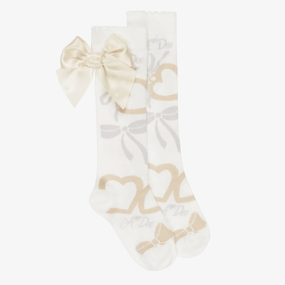 A Dee-Girls White Knee High Socks with Beige Bow | Childrensalon