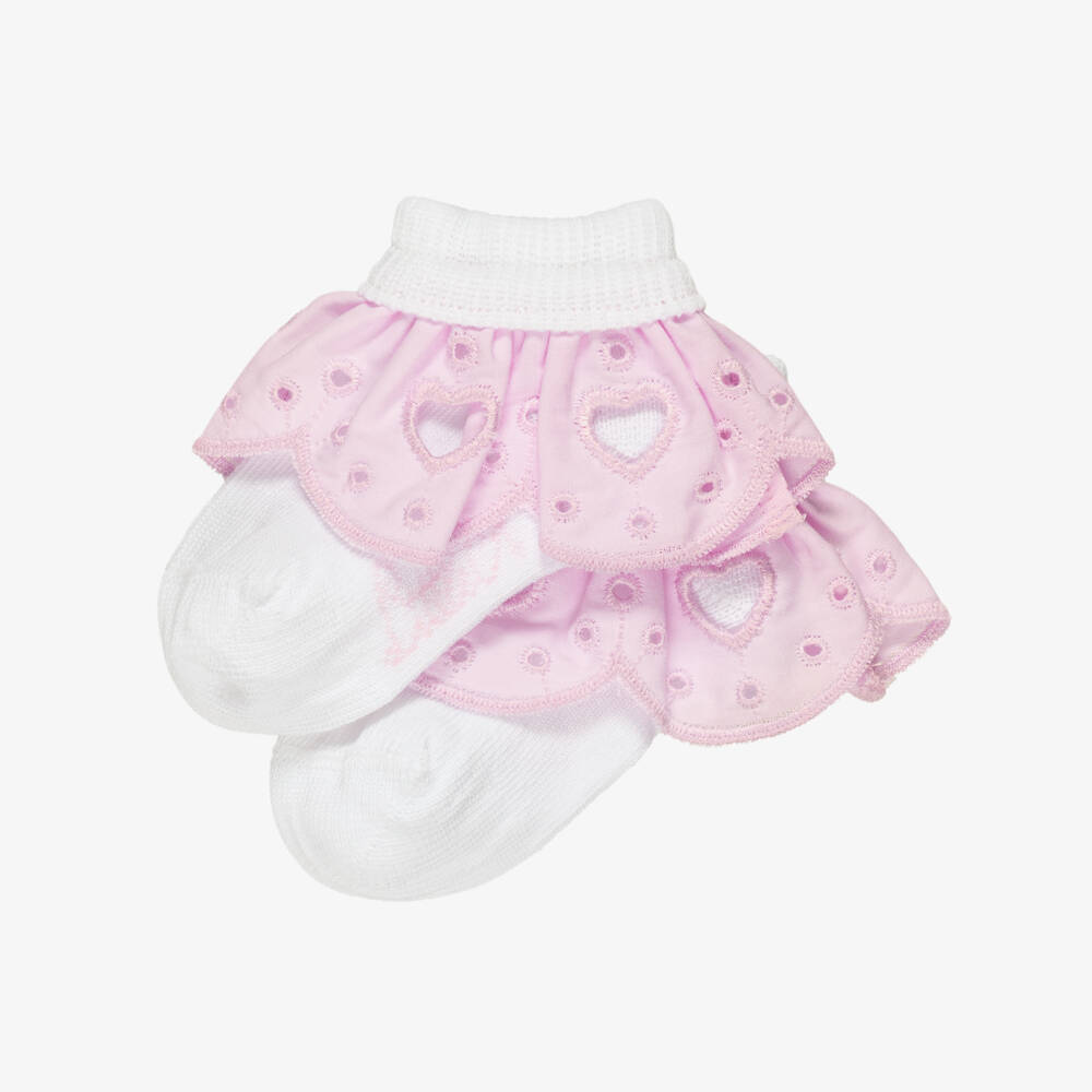 A Dee-Girls White Knitted Socks with Pink Ruffle Trims | Childrensalon