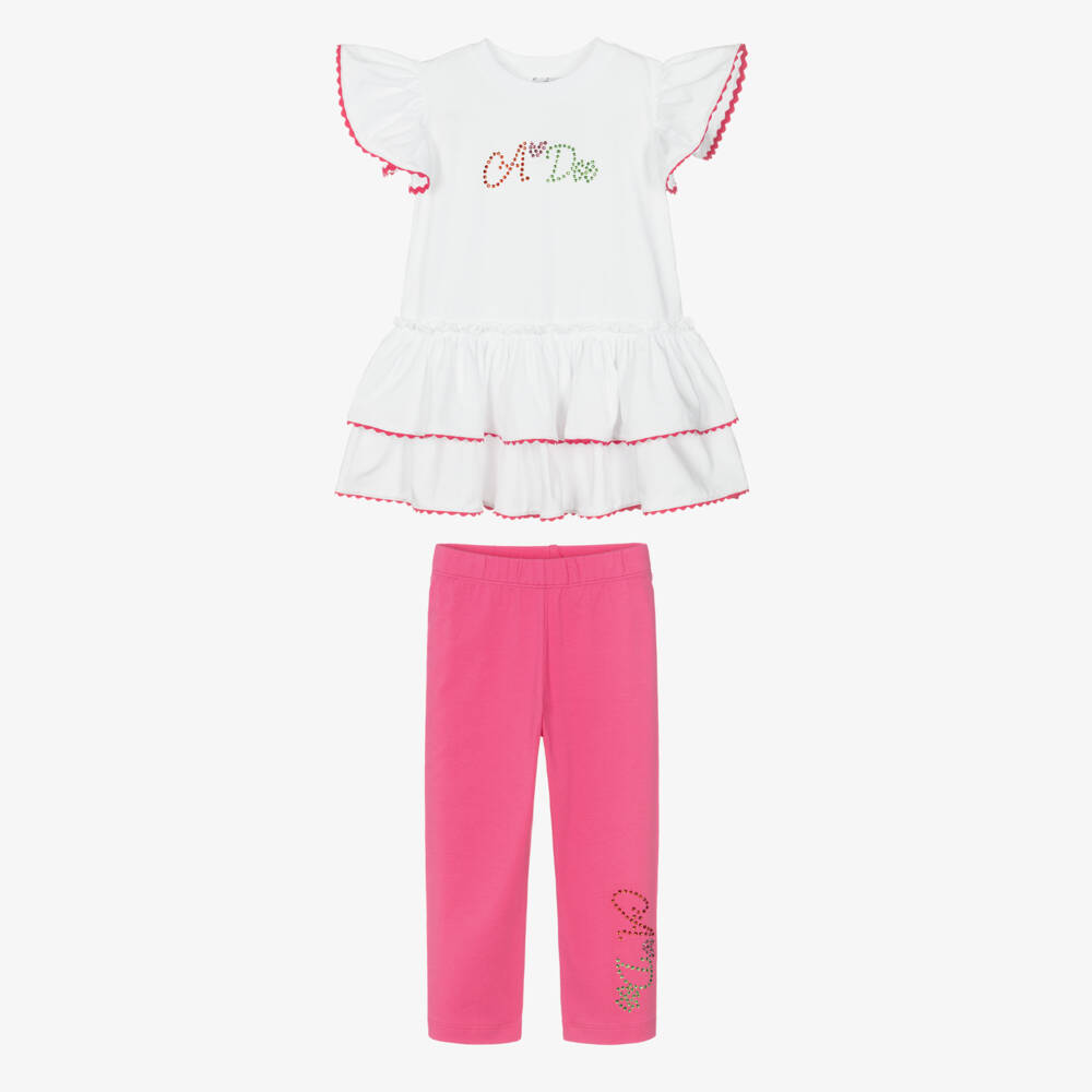 A Dee-Girls White & Pink Cotton Leggings Set with Diamanté Logo | Childrensalon
