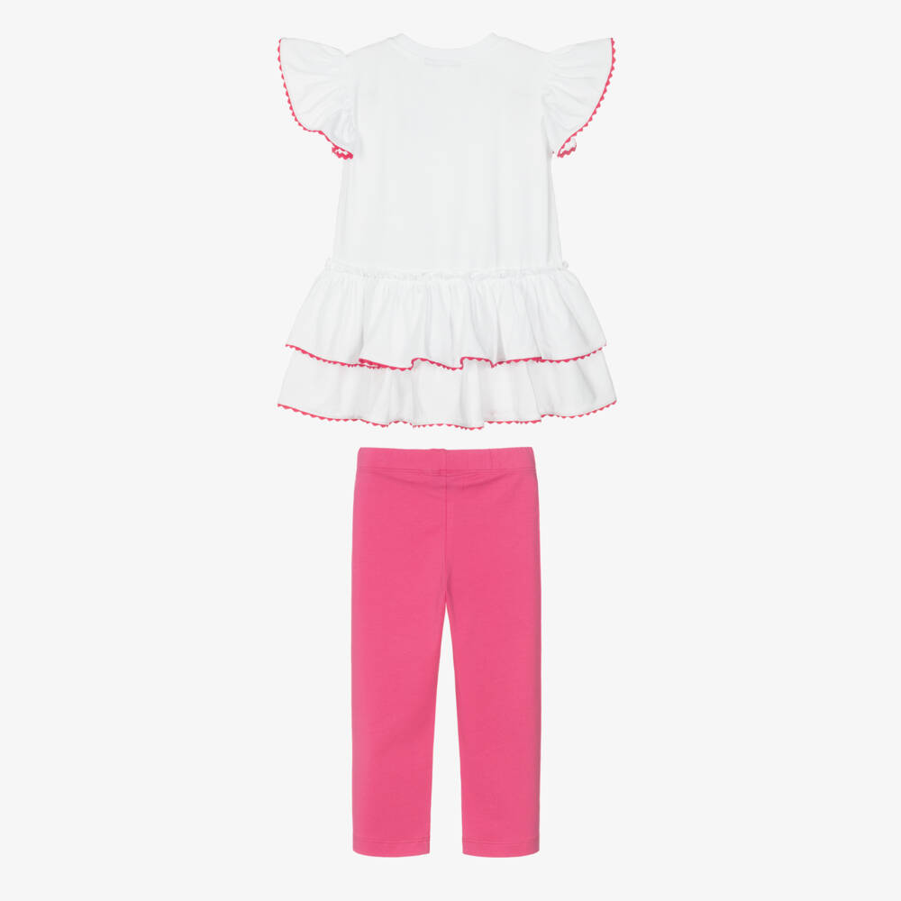 A Dee-Girls White & Pink Cotton Leggings Set with Diamanté Logo | Childrensalon