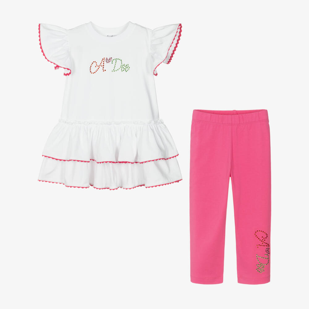 A Dee-Girls White & Pink Cotton Leggings Set with Diamanté Logo | Childrensalon