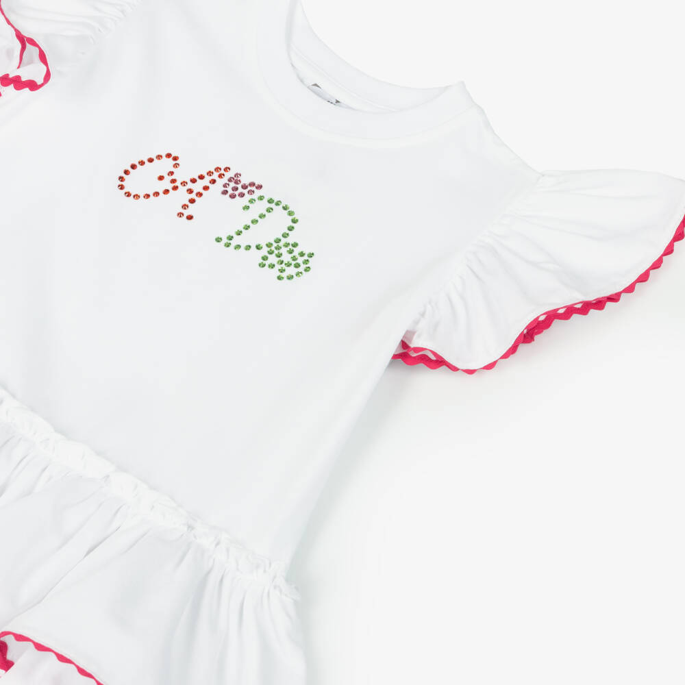 A Dee-Girls White & Pink Cotton Leggings Set with Diamanté Logo | Childrensalon