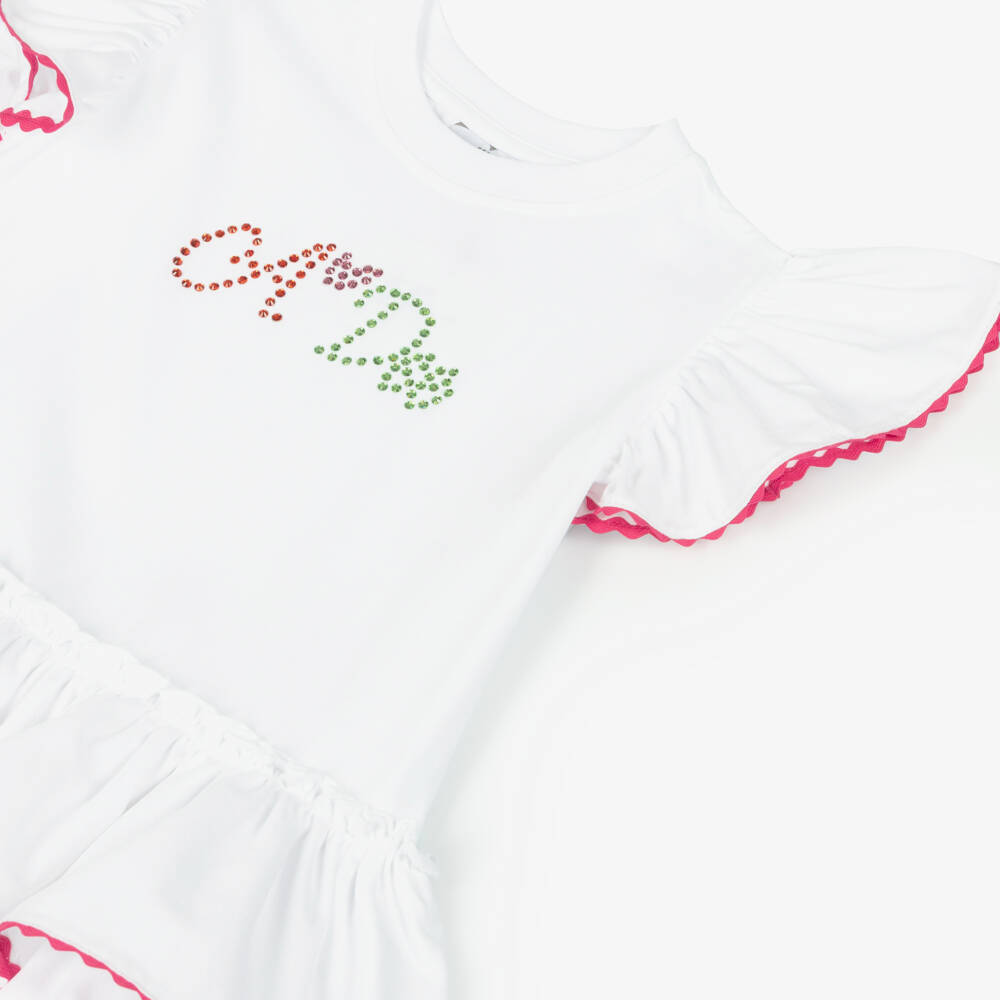 A Dee-Girls White & Pink Cotton Leggings Set with Diamanté Logo | Childrensalon