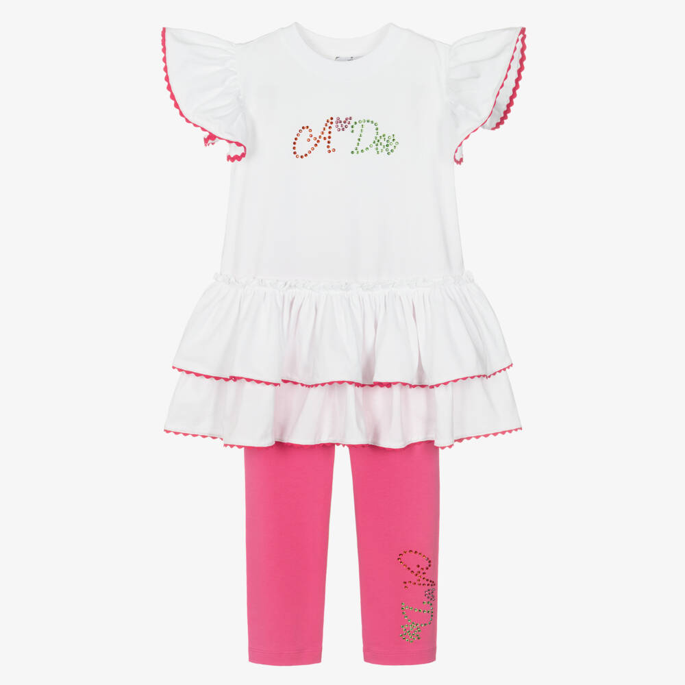 A Dee-Girls White & Pink Cotton Leggings Set with Diamanté Logo | Childrensalon