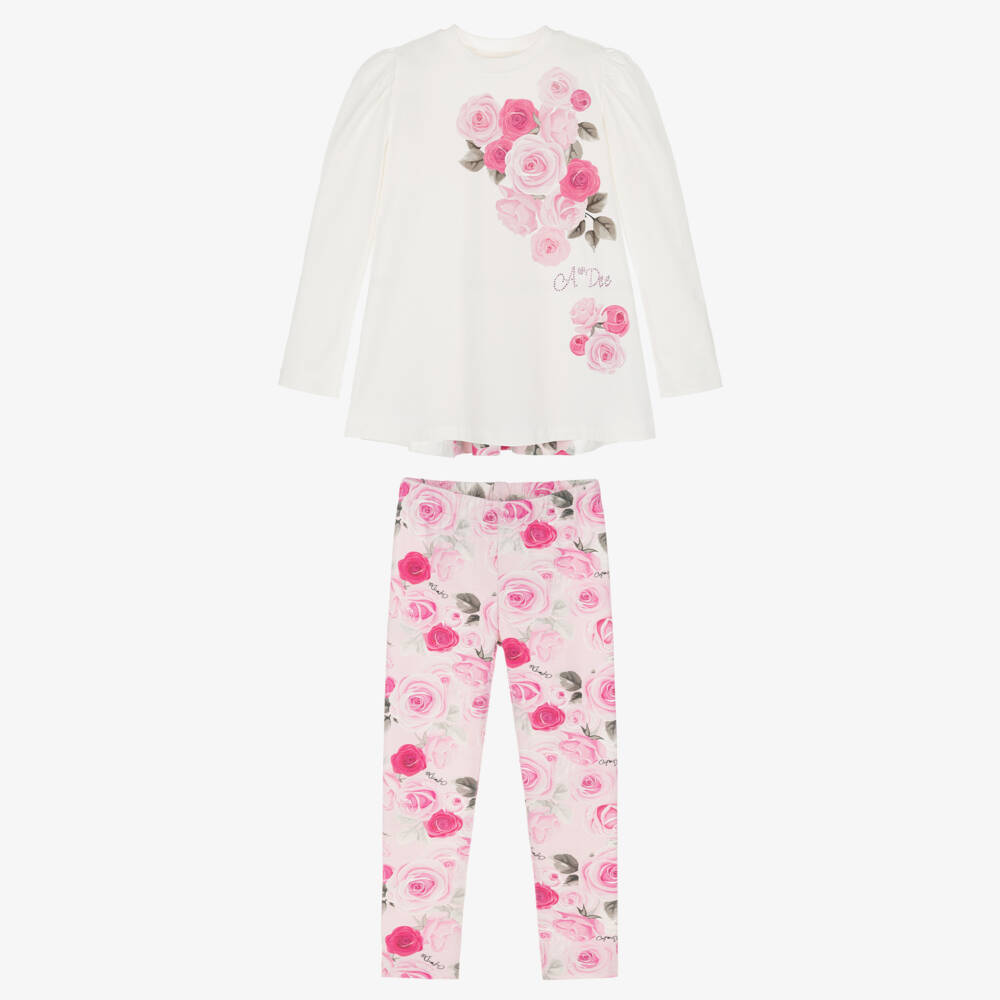 A Dee-Girls White & Pink Rose Leggings Set | Childrensalon