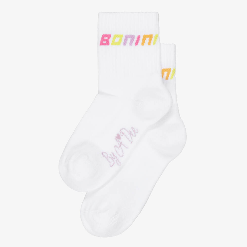 A Dee-Girls White Ribbed Ankle Socks with Colourful Logo | Childrensalon