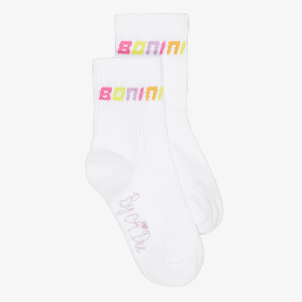 A Dee-Girls White Ribbed Ankle Socks with Colourful Logo | Childrensalon