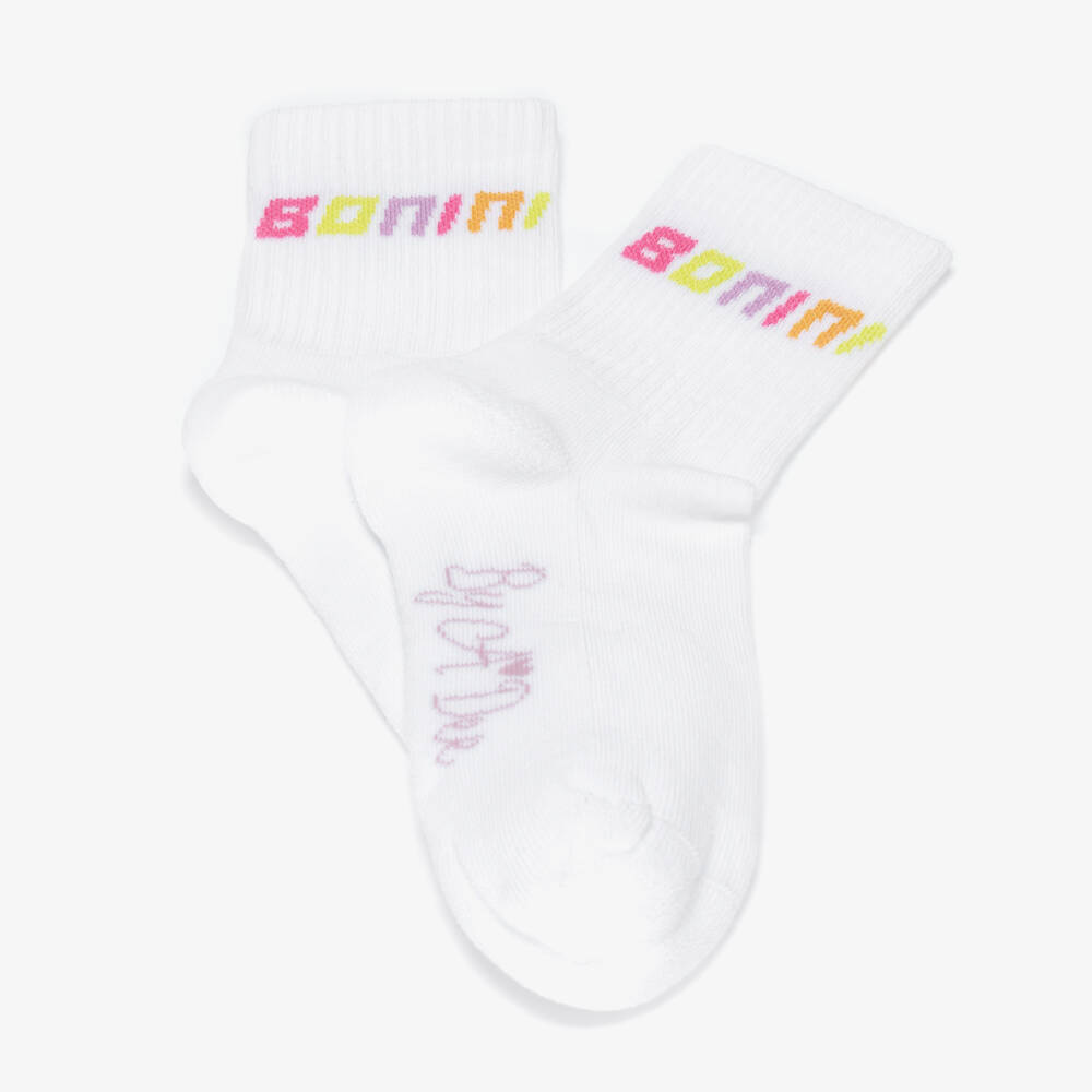 A Dee-Girls White Ribbed Ankle Socks with Colourful Logo | Childrensalon