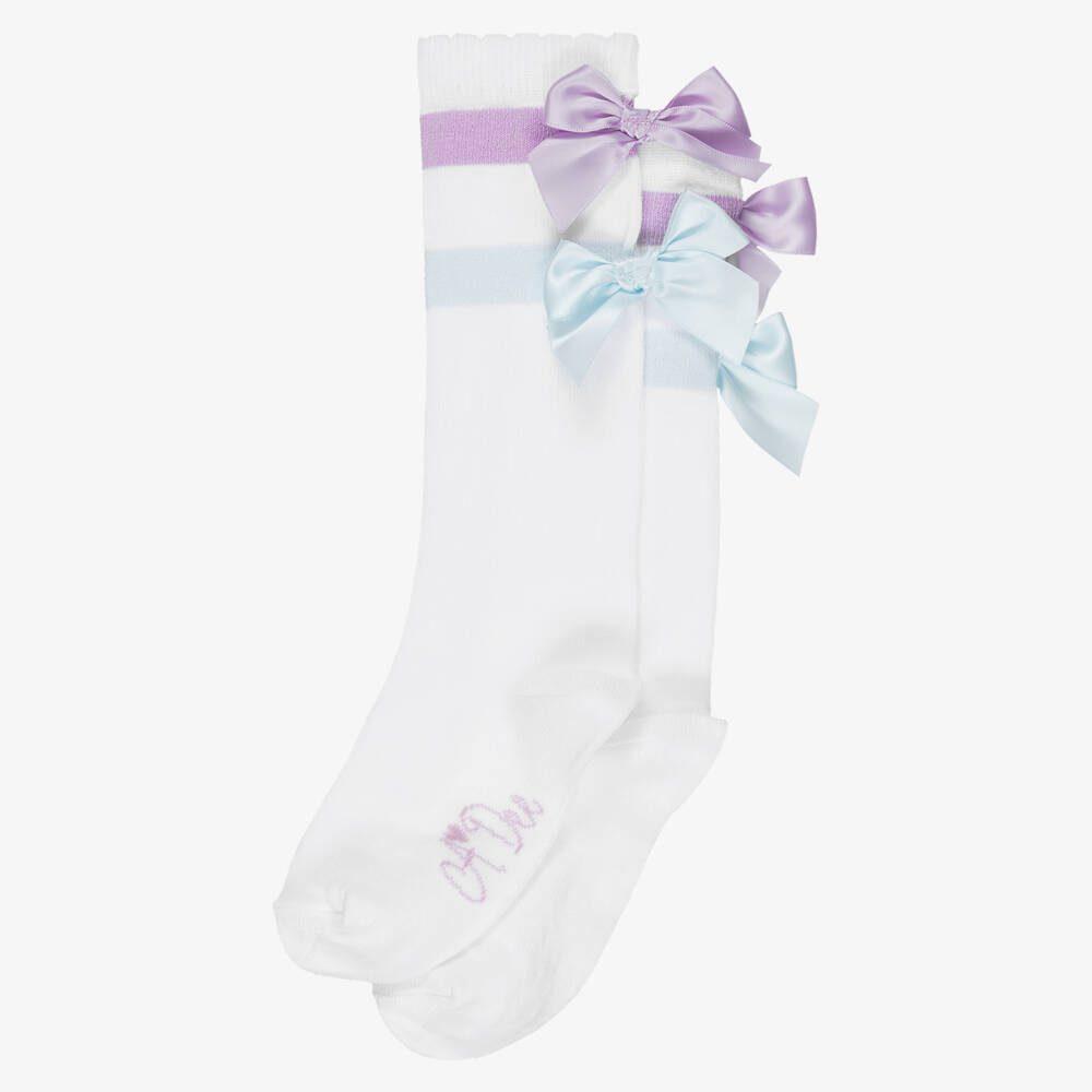 A Dee-Girls White Striped Knee High Socks with Bows | Childrensalon