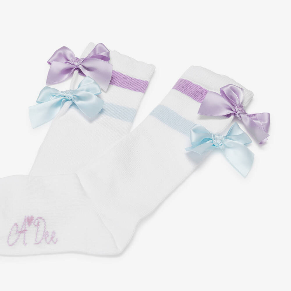 A Dee-Girls White Striped Knee High Socks with Bows | Childrensalon
