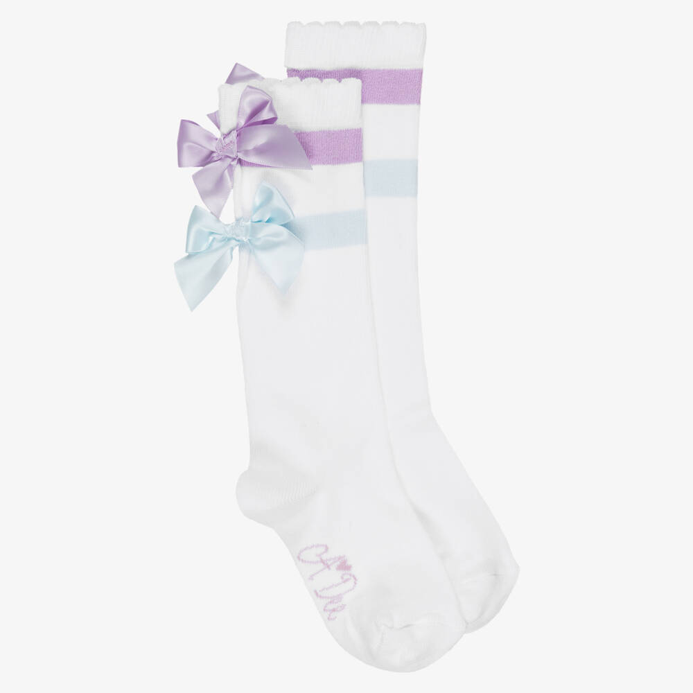 A Dee-Girls White Striped Knee High Socks with Bows | Childrensalon