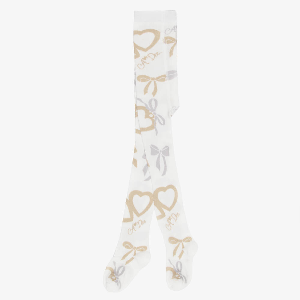 A Dee-Girls White Tights with a Bow Print | Childrensalon