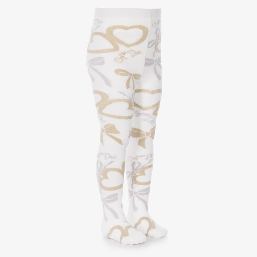 A Dee-Girls White Tights with a Bow Print | Childrensalon