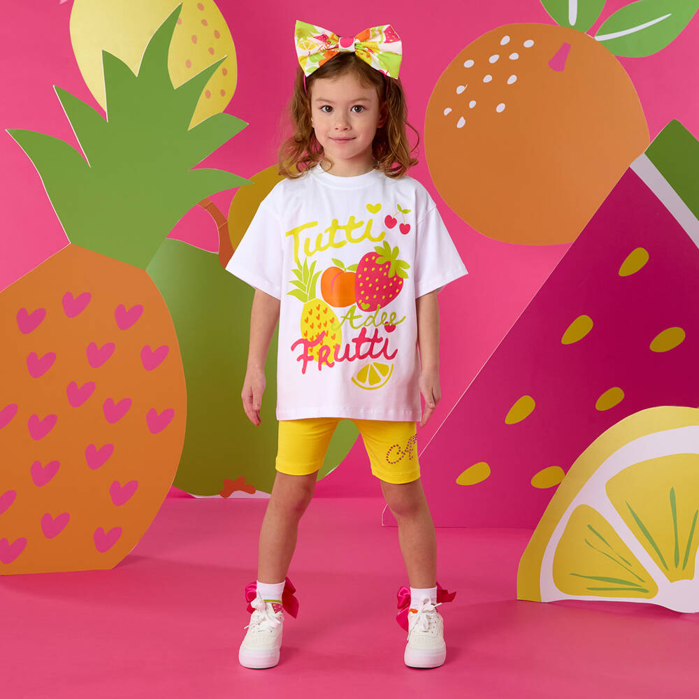 A Dee-Girls Yellow Cotton Logo Shorts Set with Fruit Print T-Shirt | Childrensalon