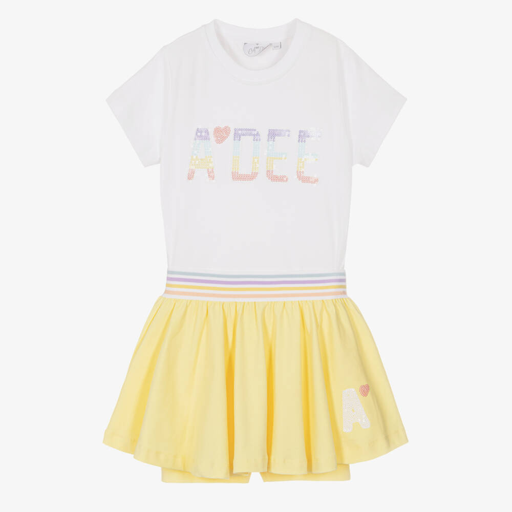 A Dee-Girls Yellow Cotton Skort Set with Sequin Logos | Childrensalon