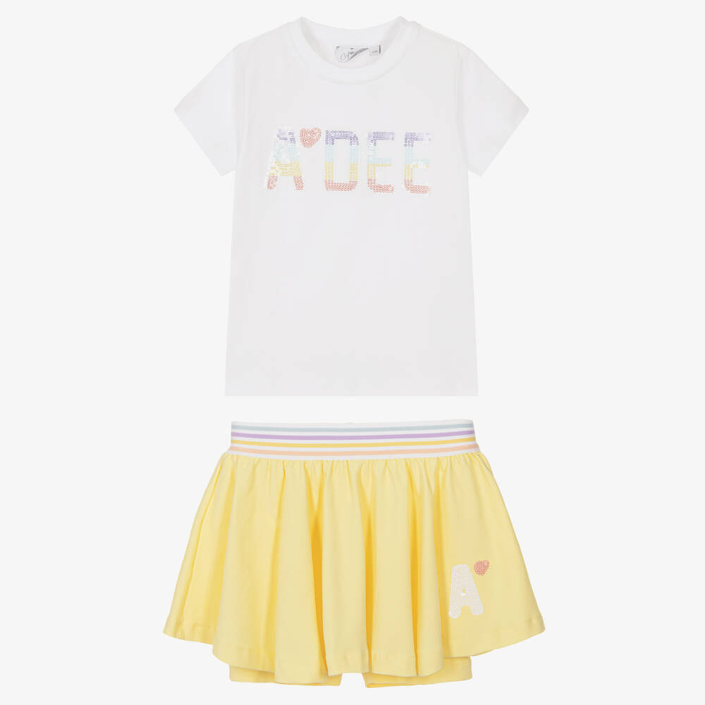 A Dee-Girls Yellow Cotton Skort Set with Sequin Logos | Childrensalon
