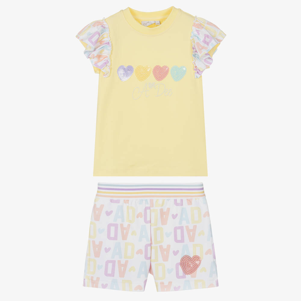 A Dee-Girls Yellow & Pink Cotton Logo Shorts Set with Sequin Hearts | Childrensalon