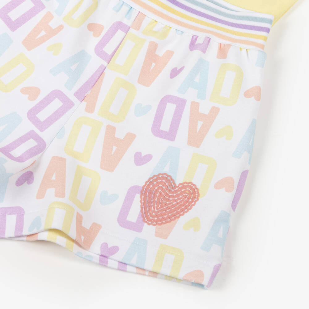 A Dee-Girls Yellow & Pink Cotton Logo Shorts Set with Sequin Hearts | Childrensalon