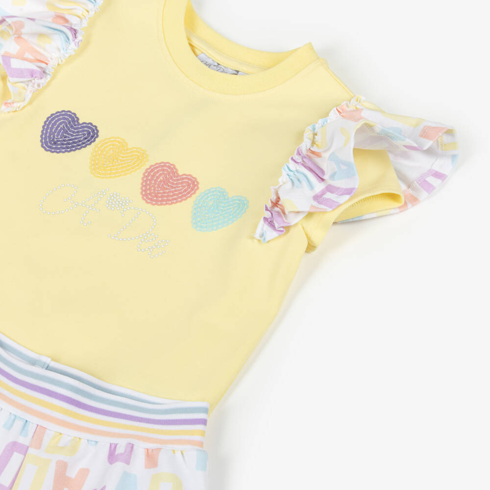 A Dee-Girls Yellow & Pink Cotton Logo Shorts Set with Sequin Hearts | Childrensalon