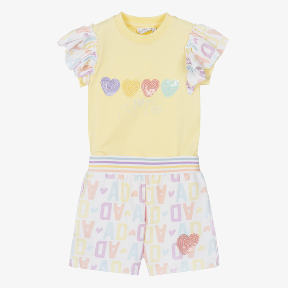 A Dee-Girls Yellow & Pink Cotton Logo Shorts Set with Sequin Hearts | Childrensalon