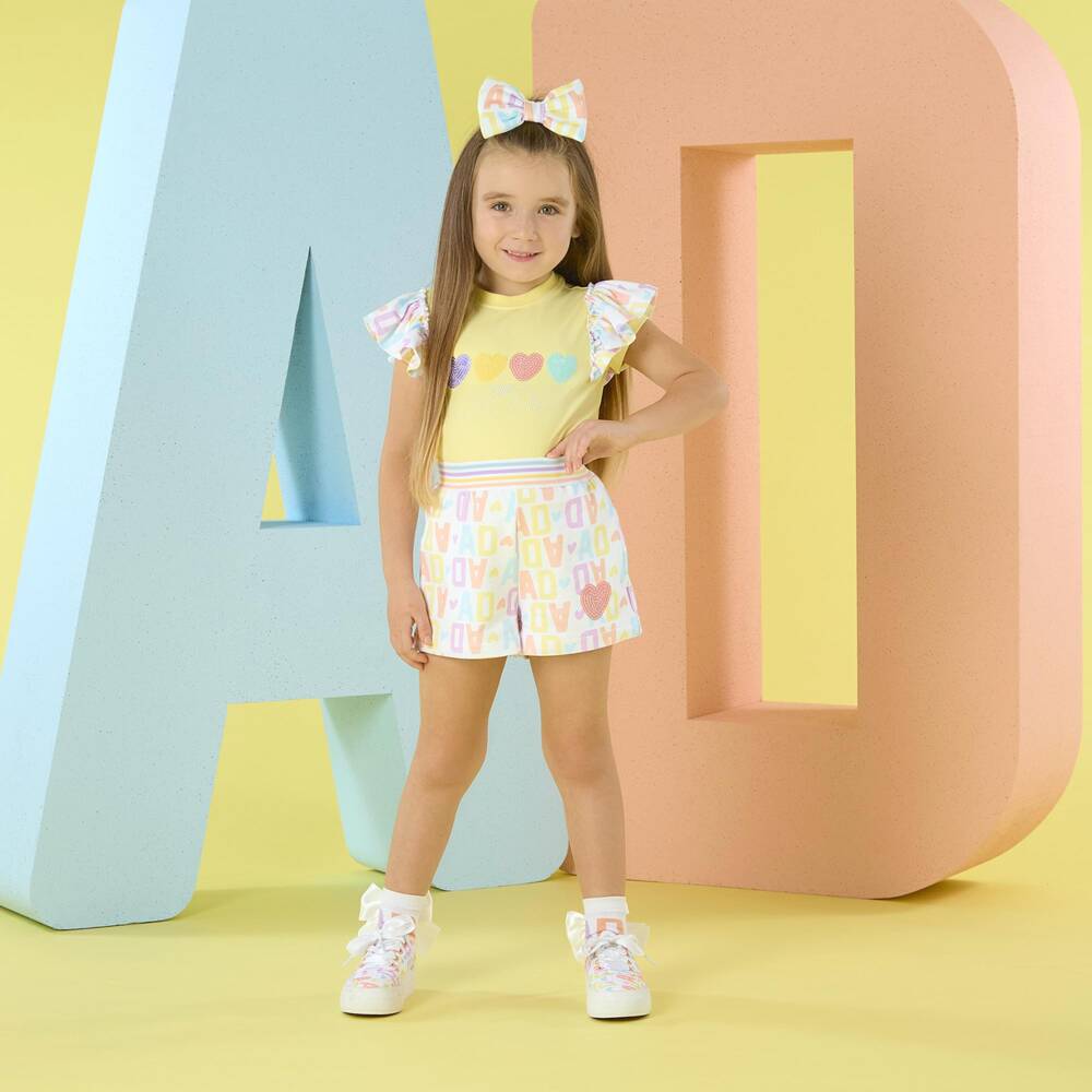 A Dee-Girls Yellow & Pink Cotton Logo Shorts Set with Sequin Hearts | Childrensalon