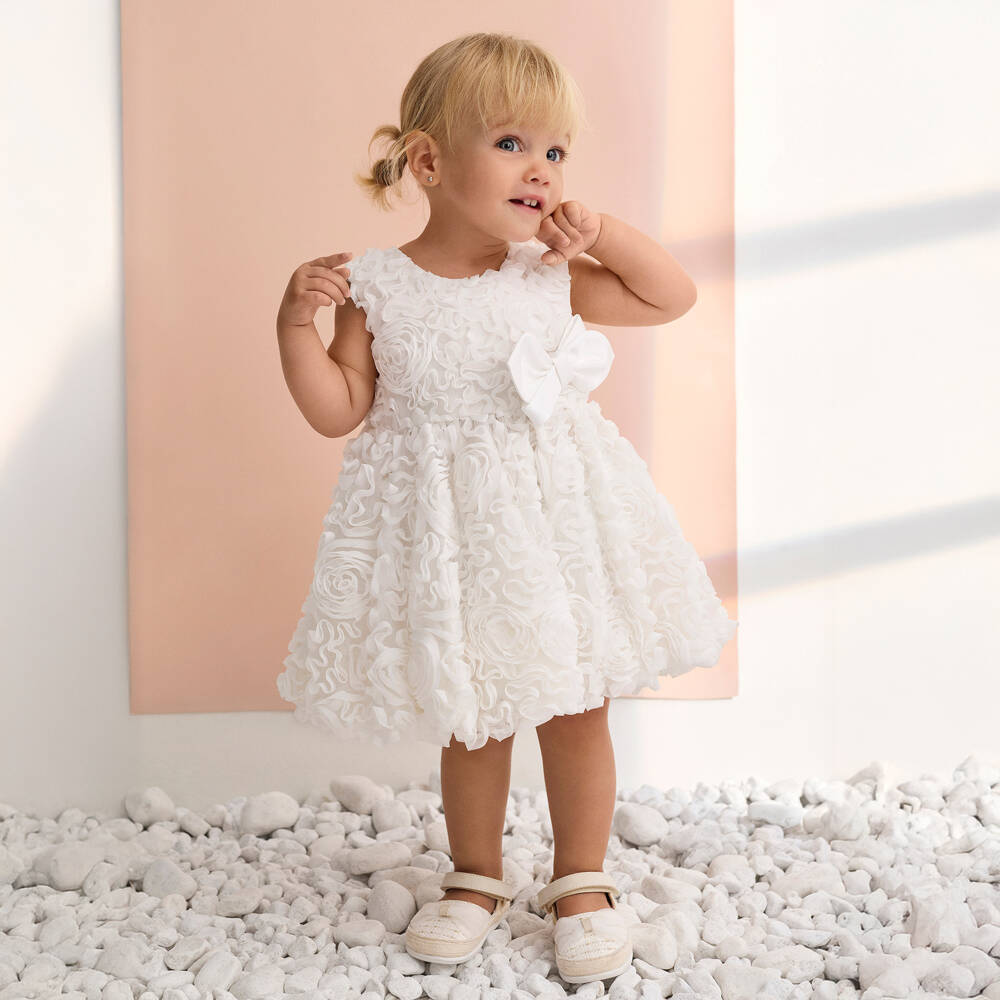 Abel & Lula-Baby Girls Ivory Tulle Dress with Ribbon Rose Appliqués | Childrensalon