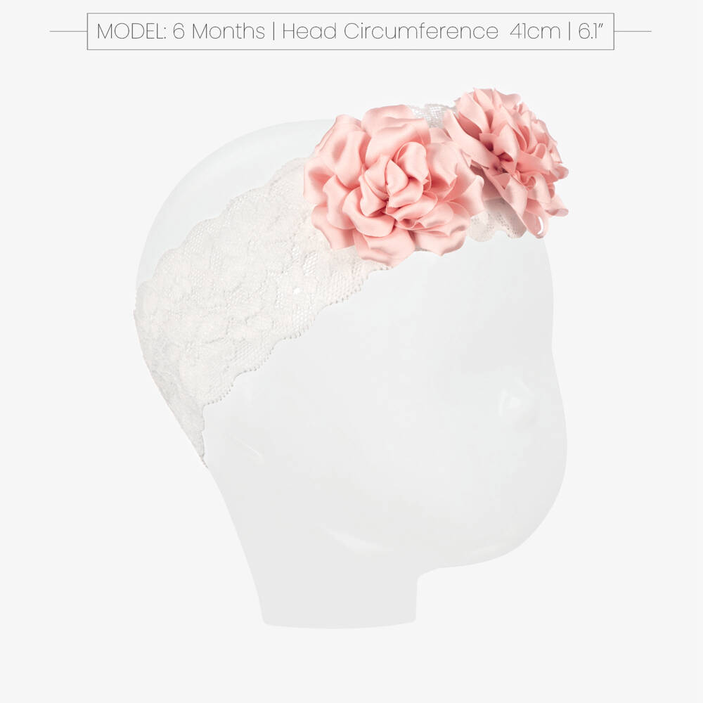 Abel & Lula-Baby Girls White Lace Headband with Pink Satin Flower Detail | Childrensalon